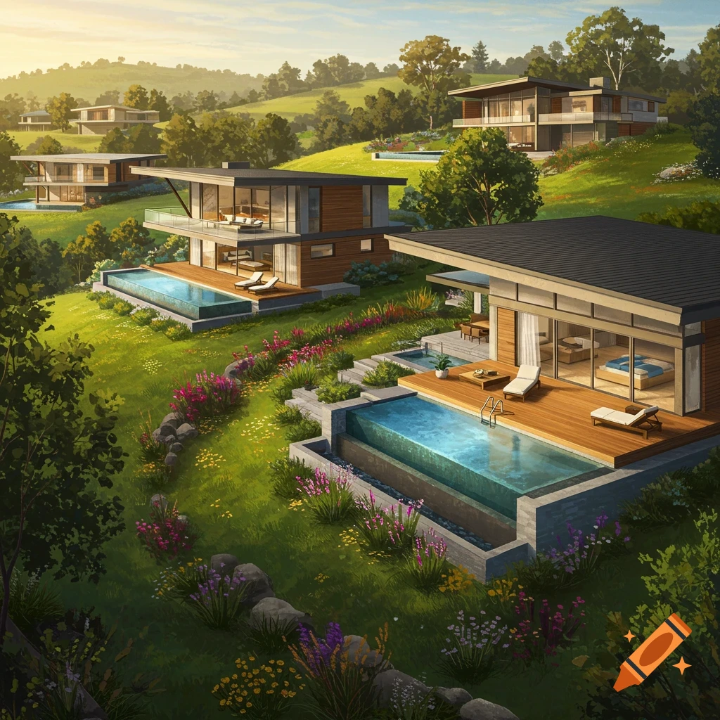 Modern luxury houses with pools and wooden decks dot a lush green hillside under a sunny sky.