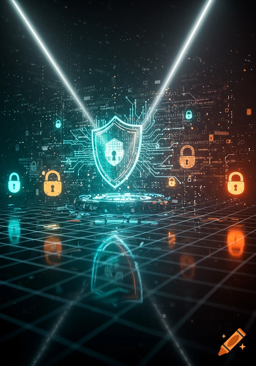 A vibrant, neon-lit digital security shield with a padlock icon, surrounded by glowing locks and circuit board patterns on a futuristic grid.