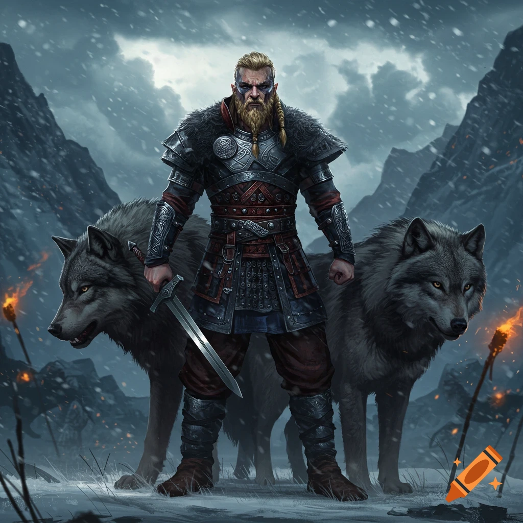 A formidable viking warrior stands with two large wolves in a snowy mountain landscape, holding a sword.