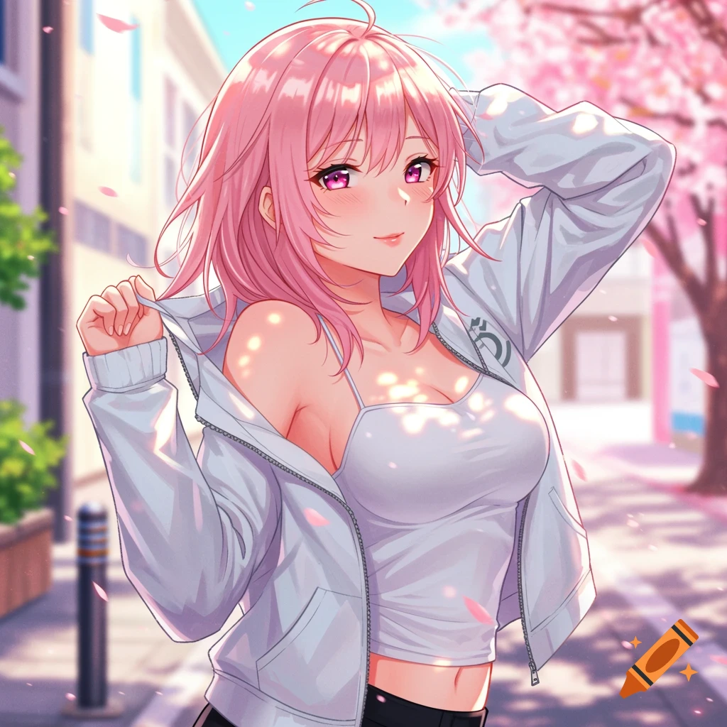 An anime girl with pink hair in a white hoodie and tank top smiles outdoors with cherry blossoms.