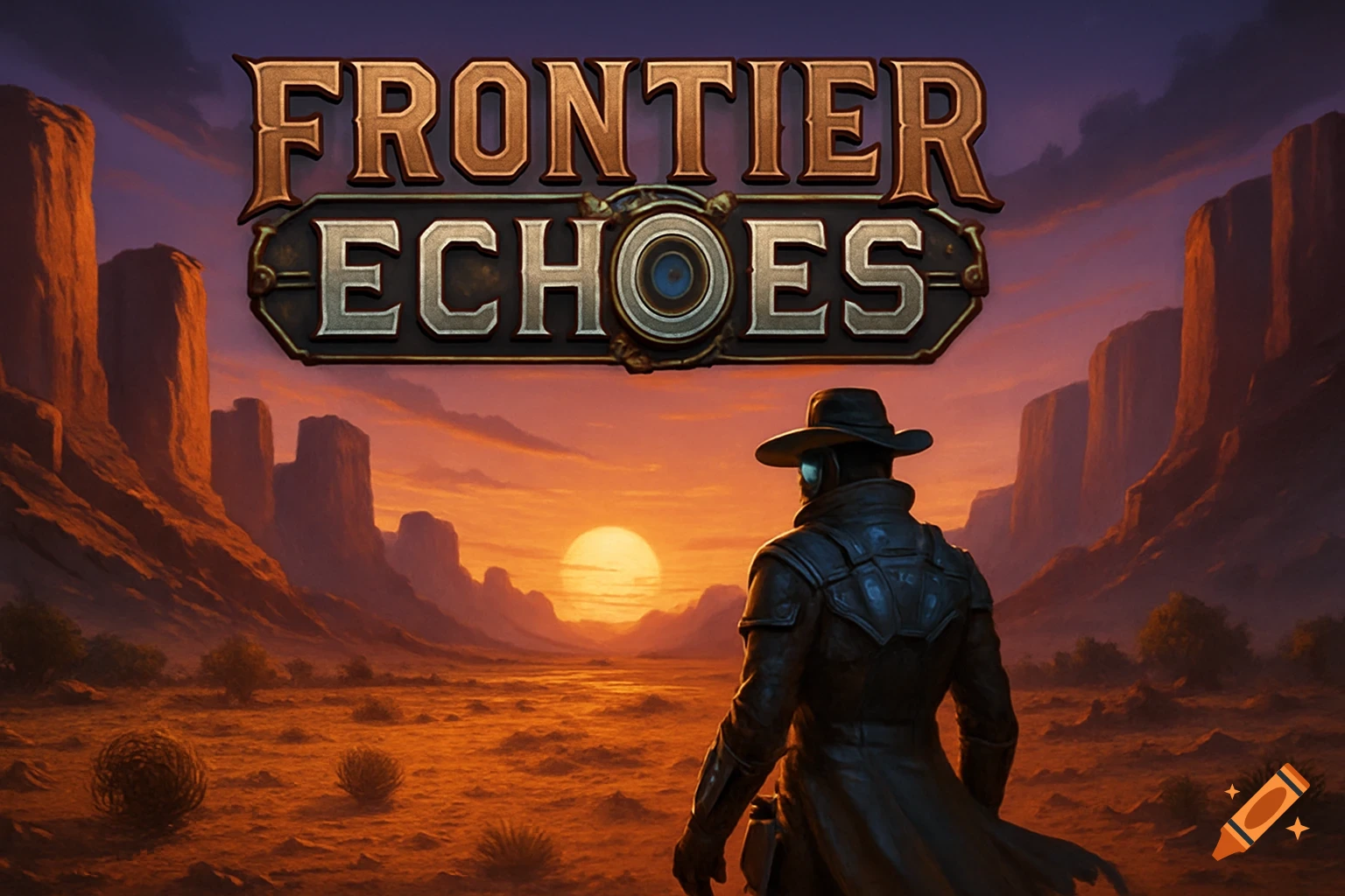 A cowboy with glowing goggles stands in a desert canyon at sunset, beneath a 'Frontier Echoes' game title.