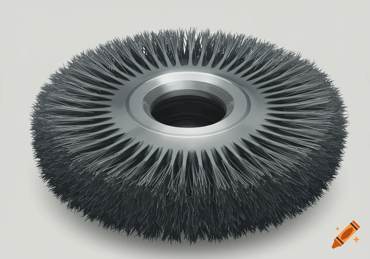 Photorealistic close-up of a gray metal buffing pad with dense, dark bristles around a central hub.