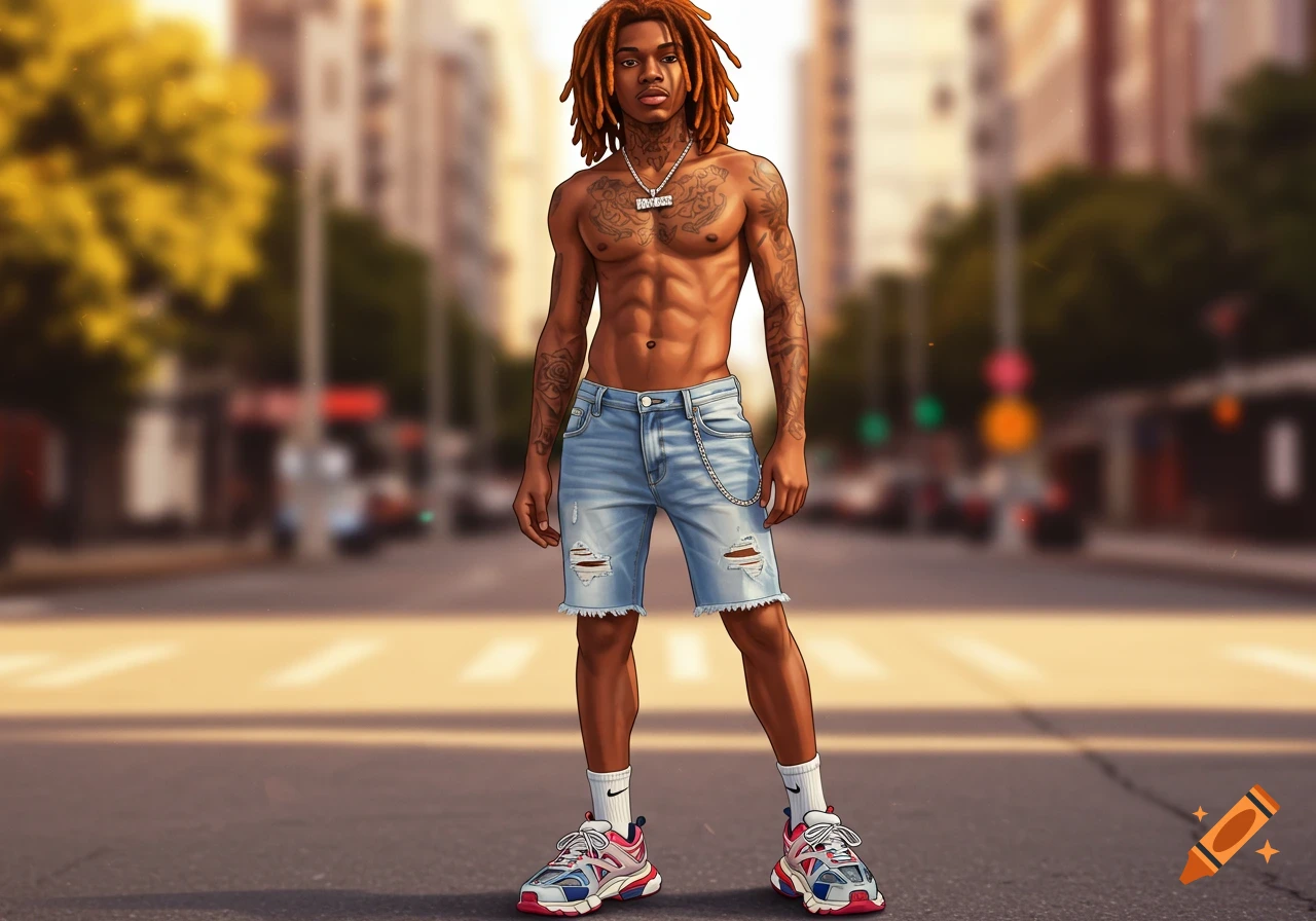 A stylized illustration of a shirtless brown-skinned man with dreadlocks, tattoos, and ripped denim shorts, standing on a city street.
