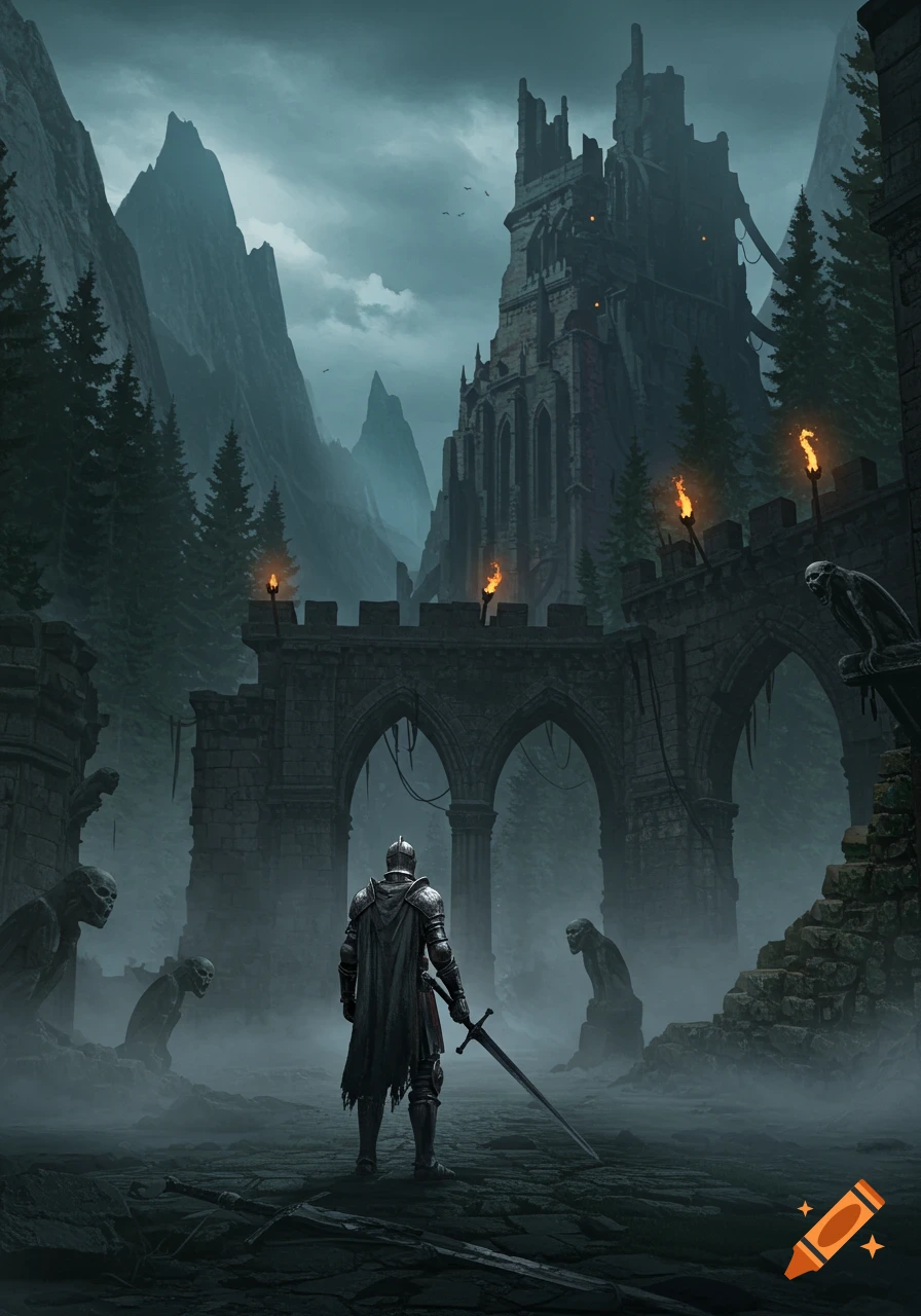 A lone knight with a sword stands facing a crumbling castle amidst a misty, dark forest and towering mountains.