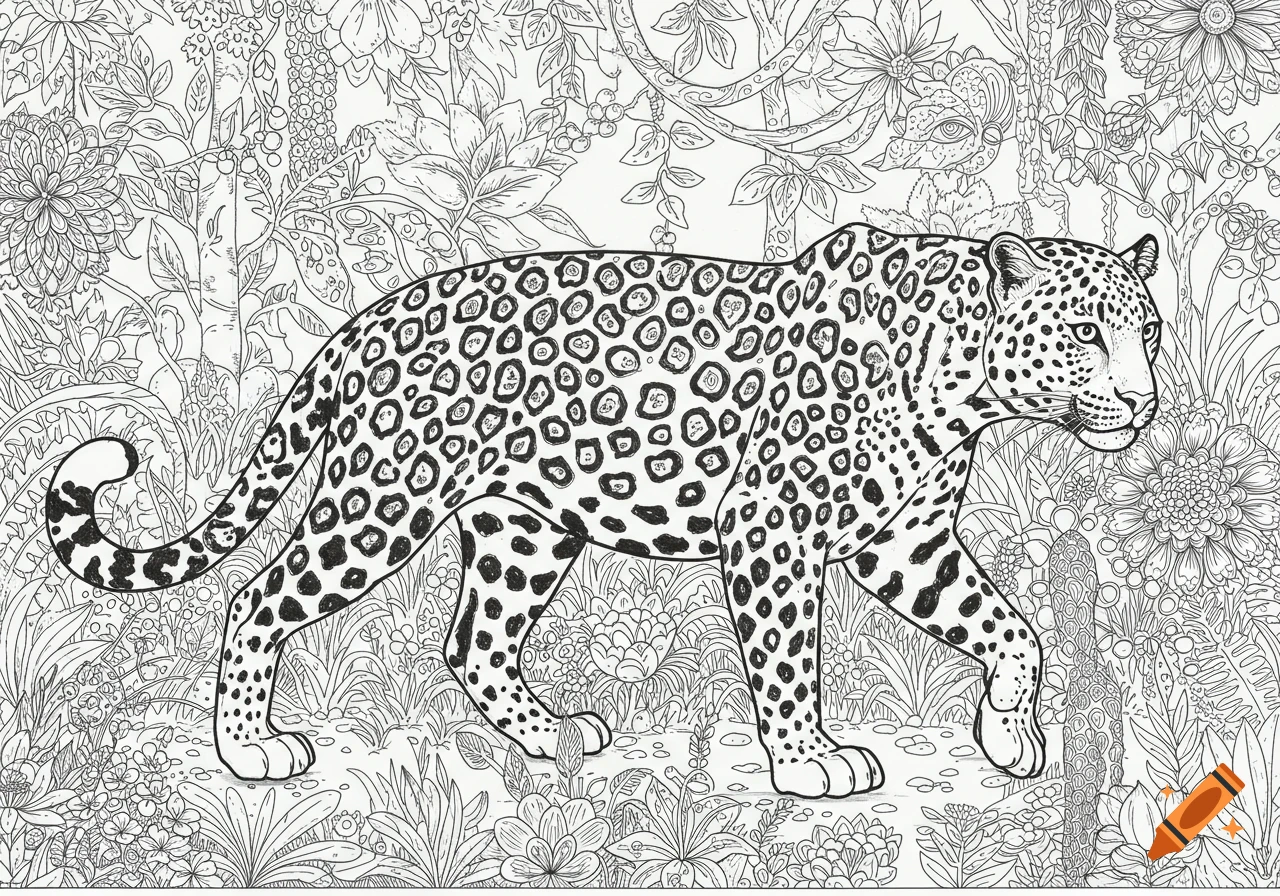 Black and white line art of a leopard walking through a dense jungle, suitable as a coloring page.
