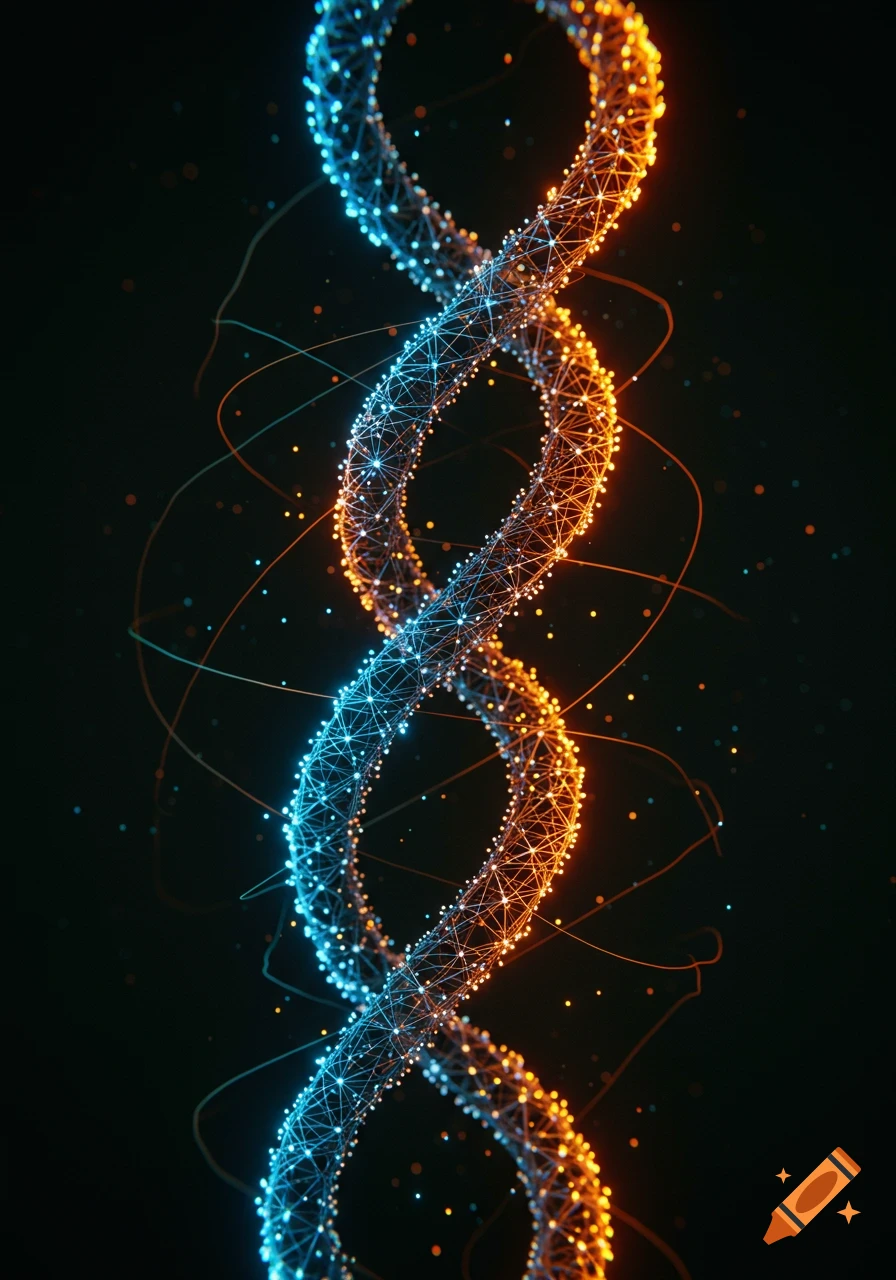 A glowing blue and orange double helix structure, resembling DNA, against a dark background.