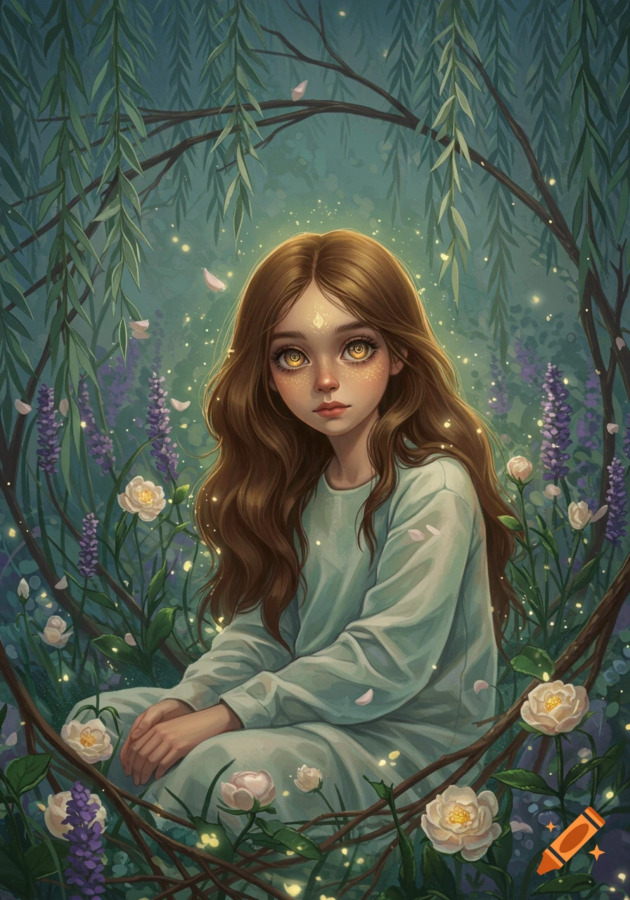 A mystical girl with long brown hair, glowing golden eyes, and a forehead symbol sits among white and purple flowers in a magical forest.