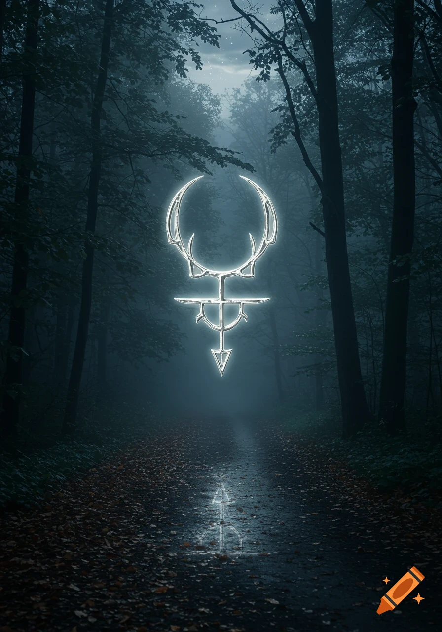 A glowing silver sigil, resembling antlers and an arrow, hovers over a misty path in a dark, moonlit forest.
