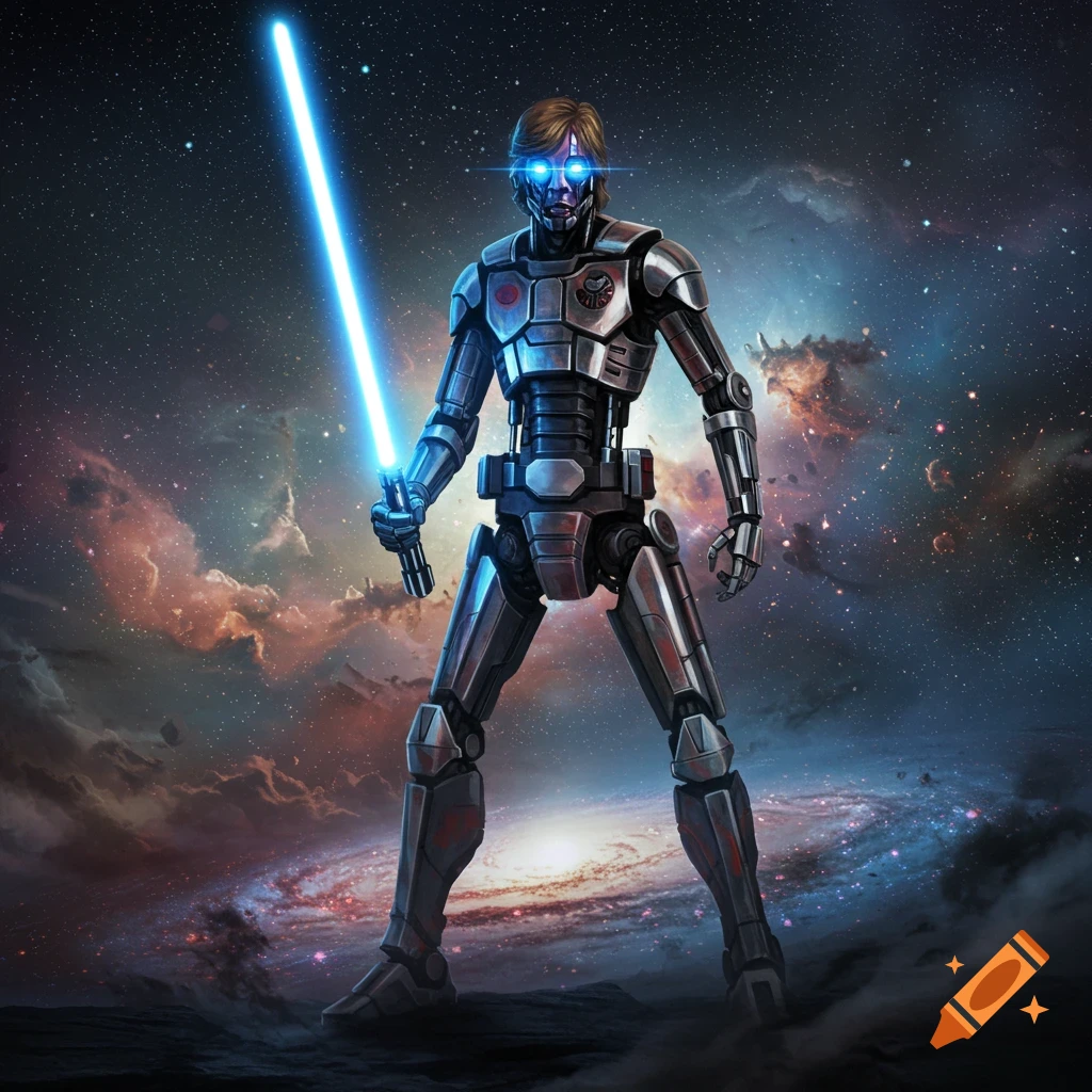 A mecha character resembling Luke Skywalker stands in space, holding a glowing blue lightsaber. Stars, nebulae, and a galaxy spiral are in the background.