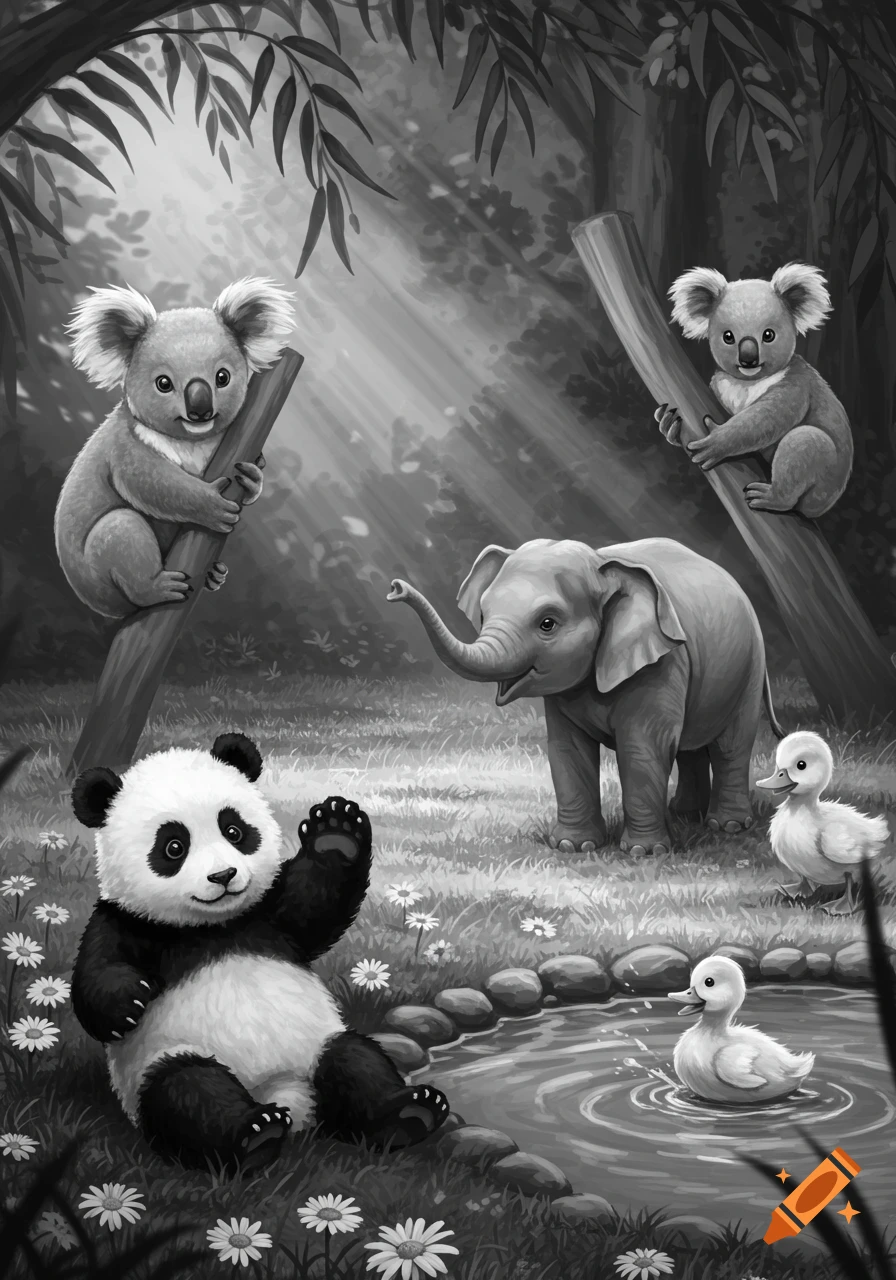 A black and white illustration of cute baby animals in a forest: a panda waving, two koalas on tree branches, an elephant, and two ducklings by a pond.