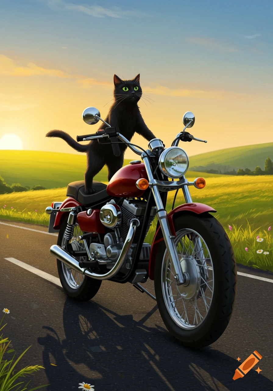 A black cat on a red motorcycle on a road at sunset, with green fields. Stylized illustration.