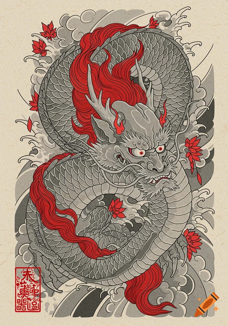 A traditional Japanese art style illustration of a grey dragon with vibrant red mane and accents, amidst grey clouds and waves.