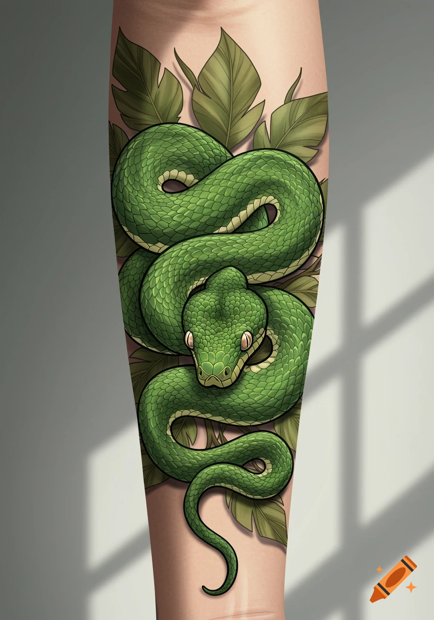A vibrant green snake tattoo with broad leaves wrapped around a person's arm.