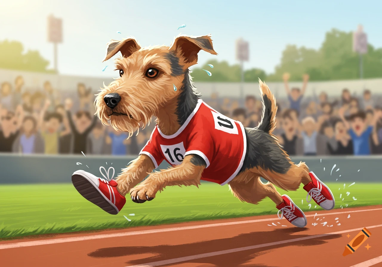 An illustration of a sweating terrier dog in a red racing jersey and shoes, running on a track with a blurred crowd in the background.
