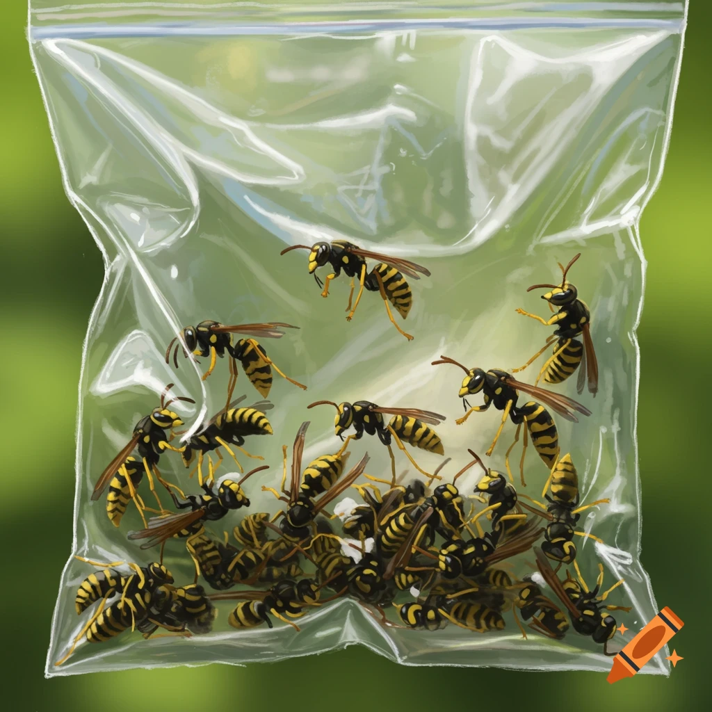 A clear plastic Ziploc bag filled with numerous yellow and black wasps, set against a blurred green background.