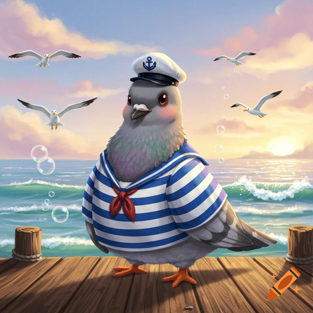 A cute cartoon pigeon dressed in a blue and white striped sailor suit and hat stands on a wooden dock with seagulls flying over the ocean at sunset.