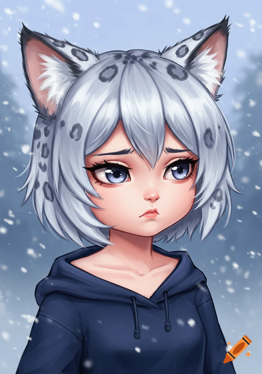 Anime-style snow leopard girl with white hair and ears, wearing a blue hoodie, looking sad in a snowy landscape.