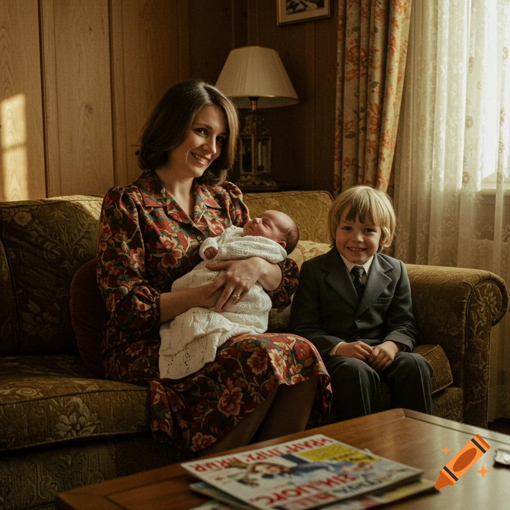 A mother holds her newborn baby on a couch, smiling at the camera, while her young son sits beside her in a 1970s living room.
