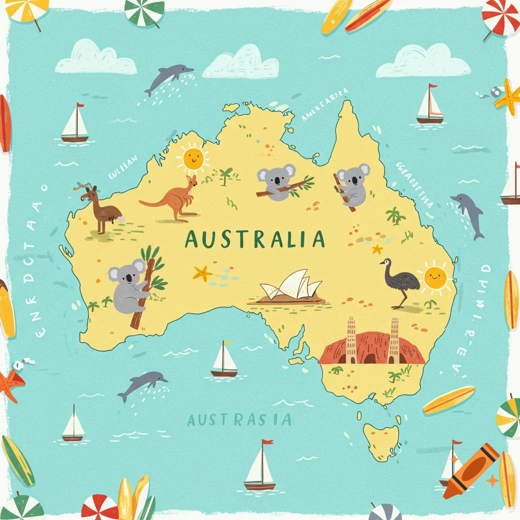 A cute, cartoon-style map of Australia featuring koalas, a kangaroo, an emu, the Sydney Opera House, Uluru, and surrounding ocean with boats and dolphins.