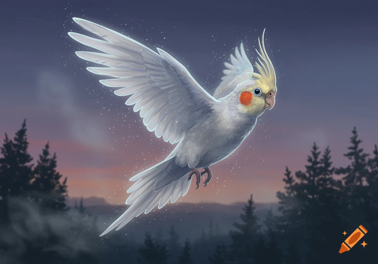 A glowing white cockatiel with a yellow crest and orange cheek patches flies over a misty forest at twilight.