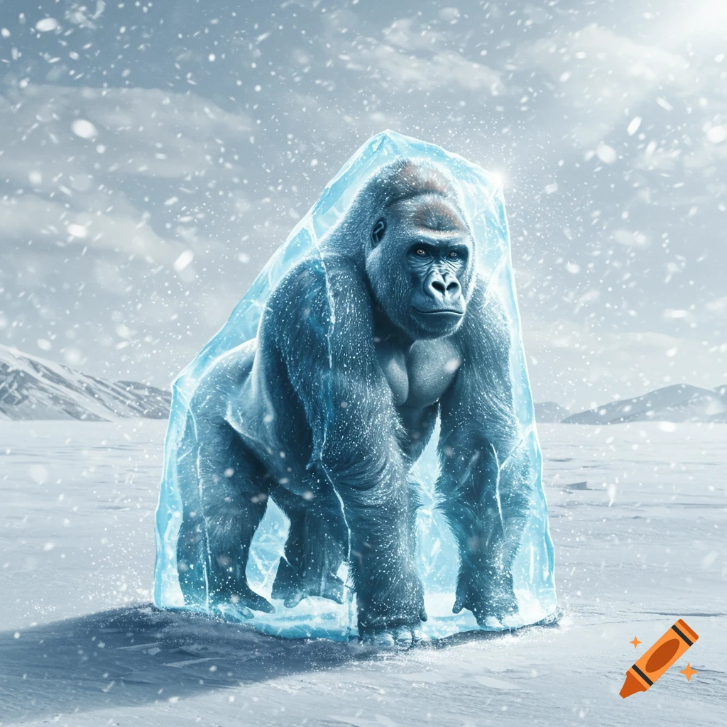 A photorealistic gorilla encased in ice, standing in a snowy landscape with falling snow.