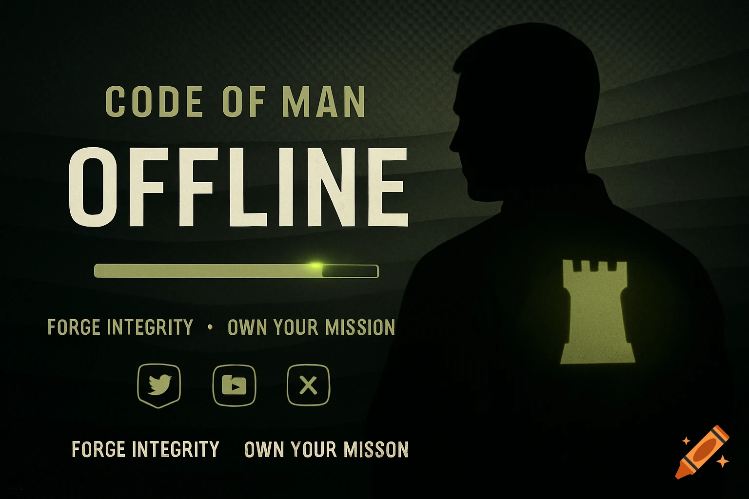 A digital graphic featuring a man's silhouette, a chess rook emblem on his back, with the words 'CODE OF MAN OFFLINE' and a progress bar. Social media icons and taglines are at the bottom.