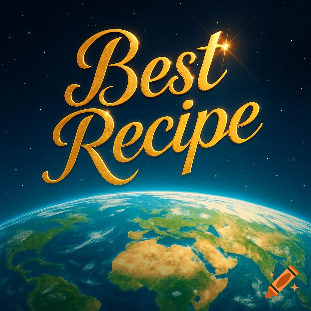 Golden text 'Best Recipe' floats above planet Earth in space against a dark, starry sky.