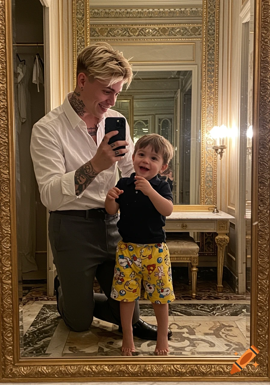 Blonde man taking a mirror selfie with a laughing barefoot toddler in yellow cartoon shorts, inside a luxurious mansion.