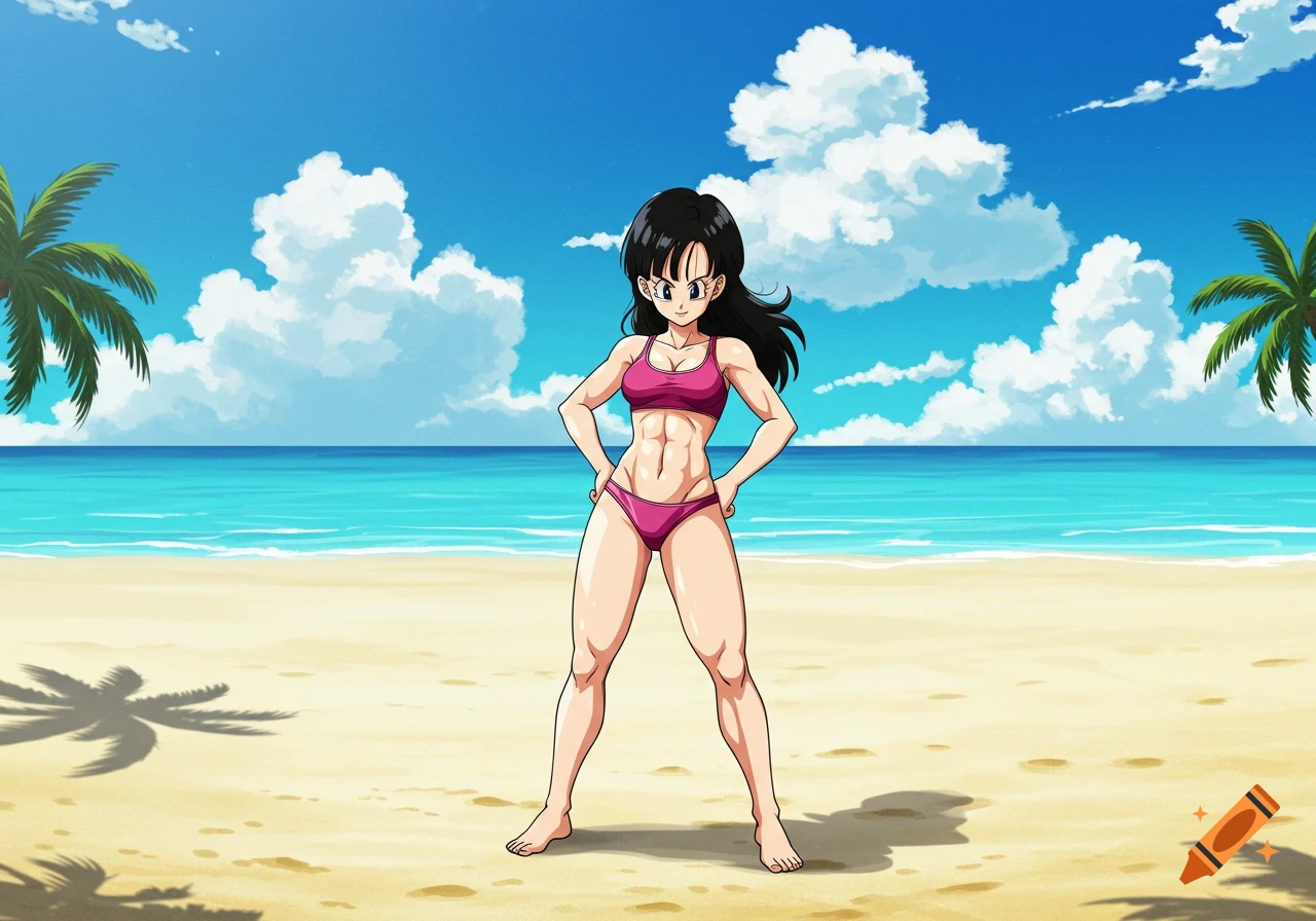 Anime character Videl in a pink bikini poses proudly on a sunny beach, showcasing her muscular physique.