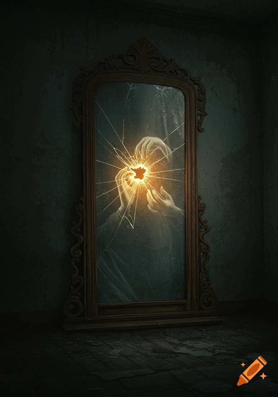 An antique mirror with a cracked surface, revealing ghostly hands reaching out from a bright golden light in a dark, moody room.