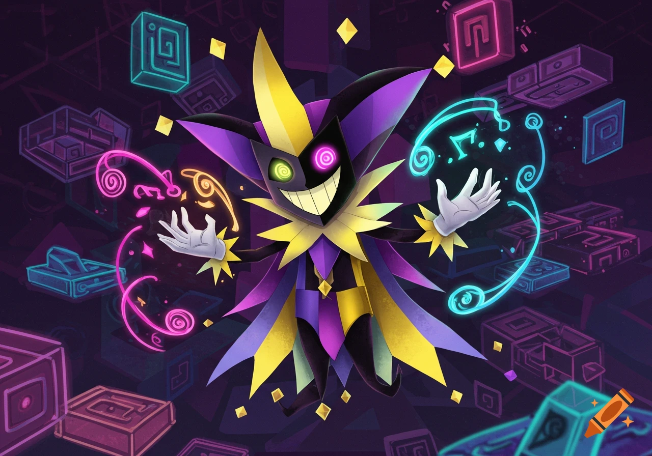 A stylized jester character in purple and yellow with glowing eyes and a wide grin, surrounded by floating magical symbols and blocks in a dark, vibrant setting.