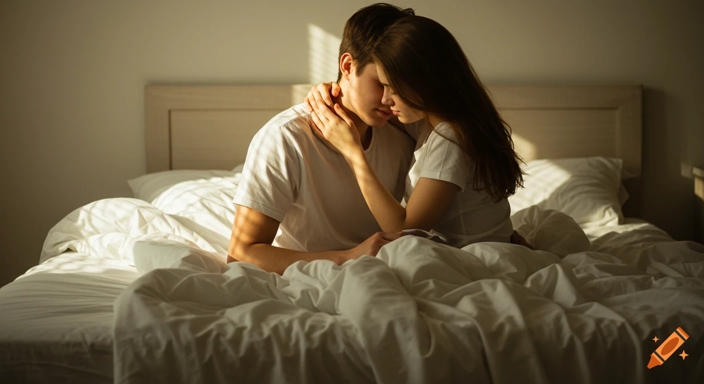 A young couple in white t-shirts embracing on a bed in a sunlit room, their faces close.