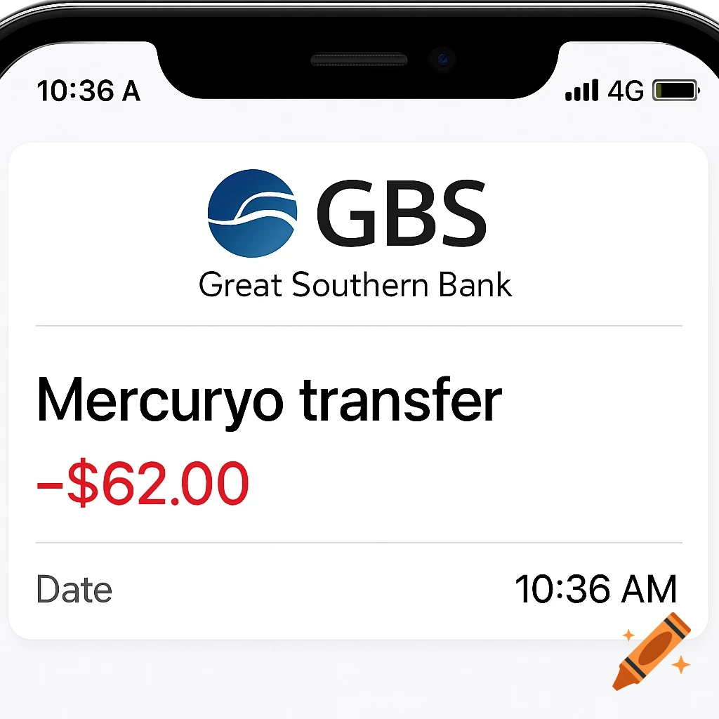 A photorealistic screenshot of an iPhone banking app showing a -$62.00 Mercuryo transfer from Great Southern Bank.