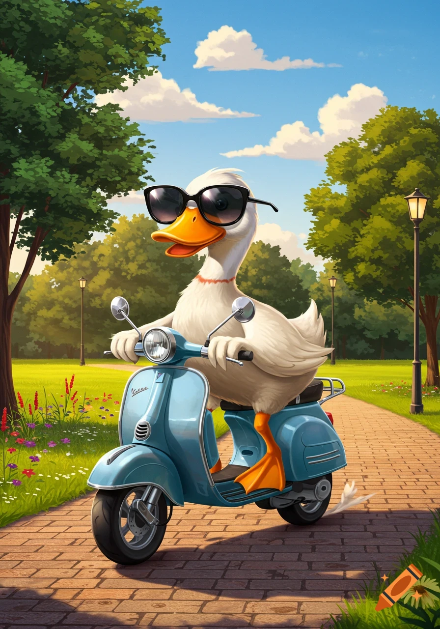 A cartoon duck wearing sunglasses rides a blue scooter on a brick path in a sunny park.
