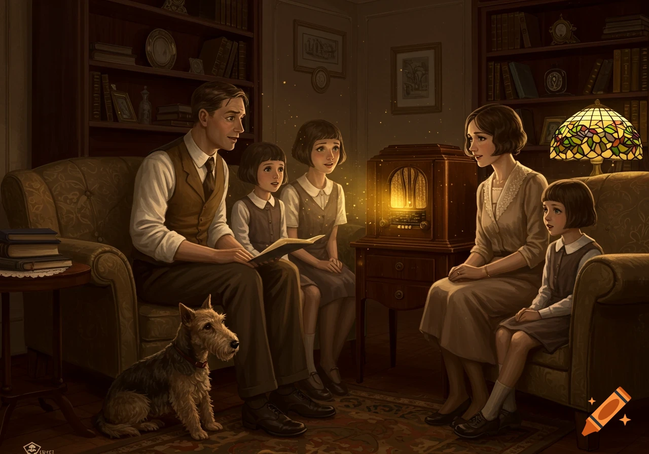 A 1920s family, including a man reading to two girls, a woman, and a dog, gathered around a glowing radio in a cozy living room.
