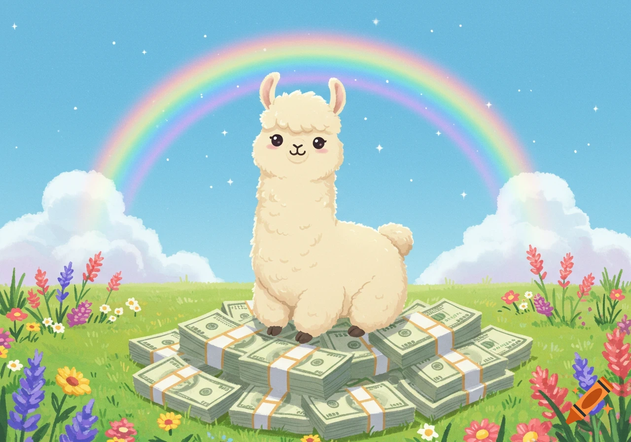 A cute cartoon llama sits on a large pile of money in a green field with colorful flowers under a blue sky with a rainbow.