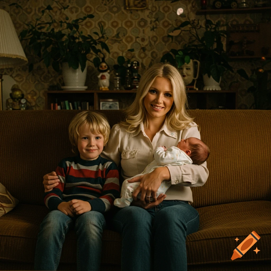 A woman holding a newborn and a young boy sit on a couch in a 1970s living room.
