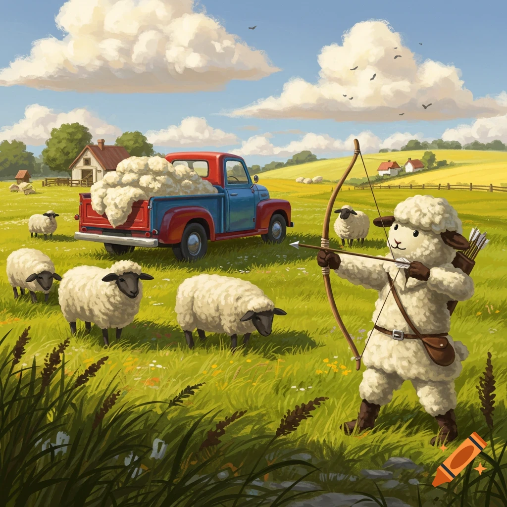 A cartoon sheep archer aims a bow in a grassy field with other sheep and a pickup truck full of wool under a cloudy sky.