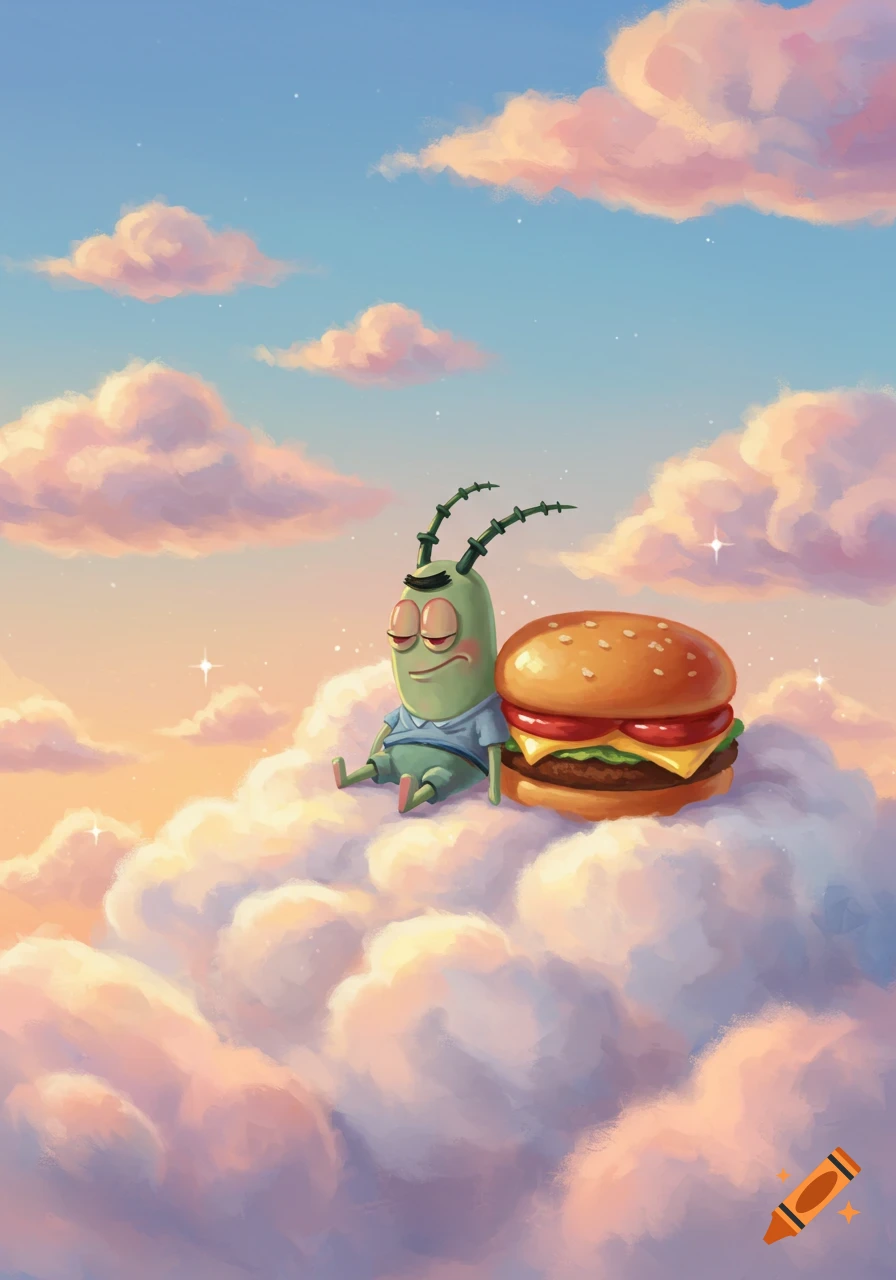 Cartoon illustration of Plankton from Spongebob Squarepants sleeping on a fluffy cloud next to a large Krabby Patty under a sunset sky.