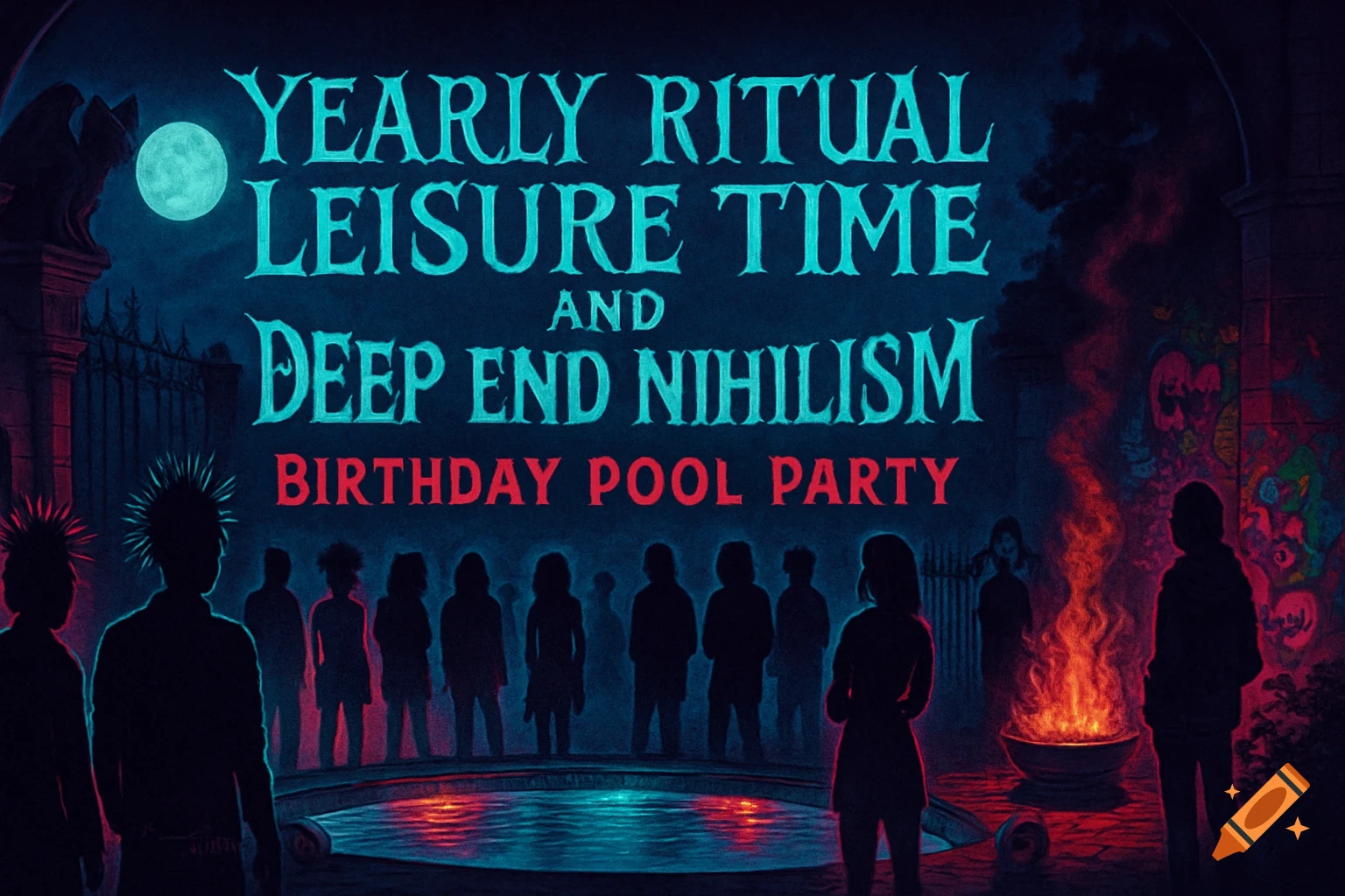 An ominous, ritualistic-looking birthday pool party invitation banner with glowing teal text "YEARLY RITUAL LEISURE TIME AND DEEP END NIHILISM" and red text "BIRTHDAY POOL PARTY" over silhouetted figures around a pool and a fire pit under a full moon.
