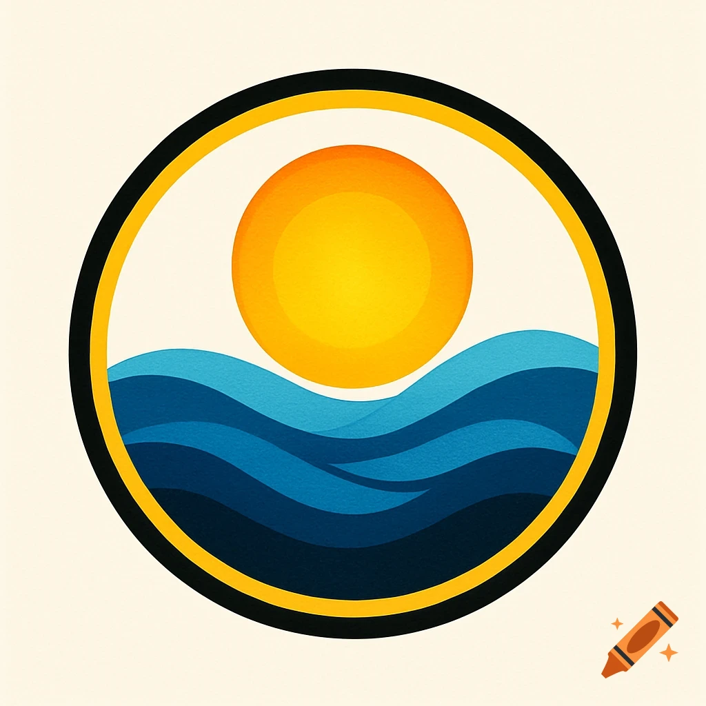 A minimalist symbol depicting a golden sun rising over stylized blue waves, enclosed within a black and gold circular border.