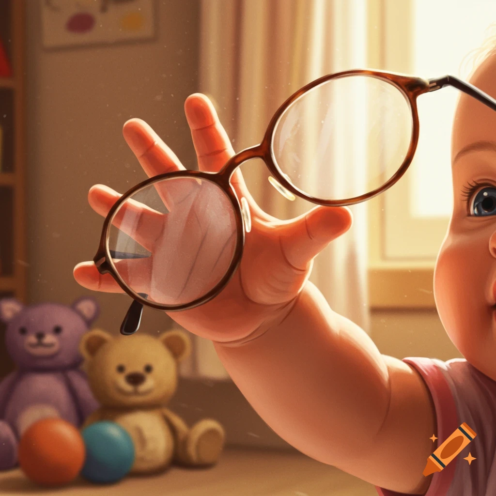 A photorealistic close-up of a baby's hand holding a pair of glasses, with a baby's face and toys blurred in the background.