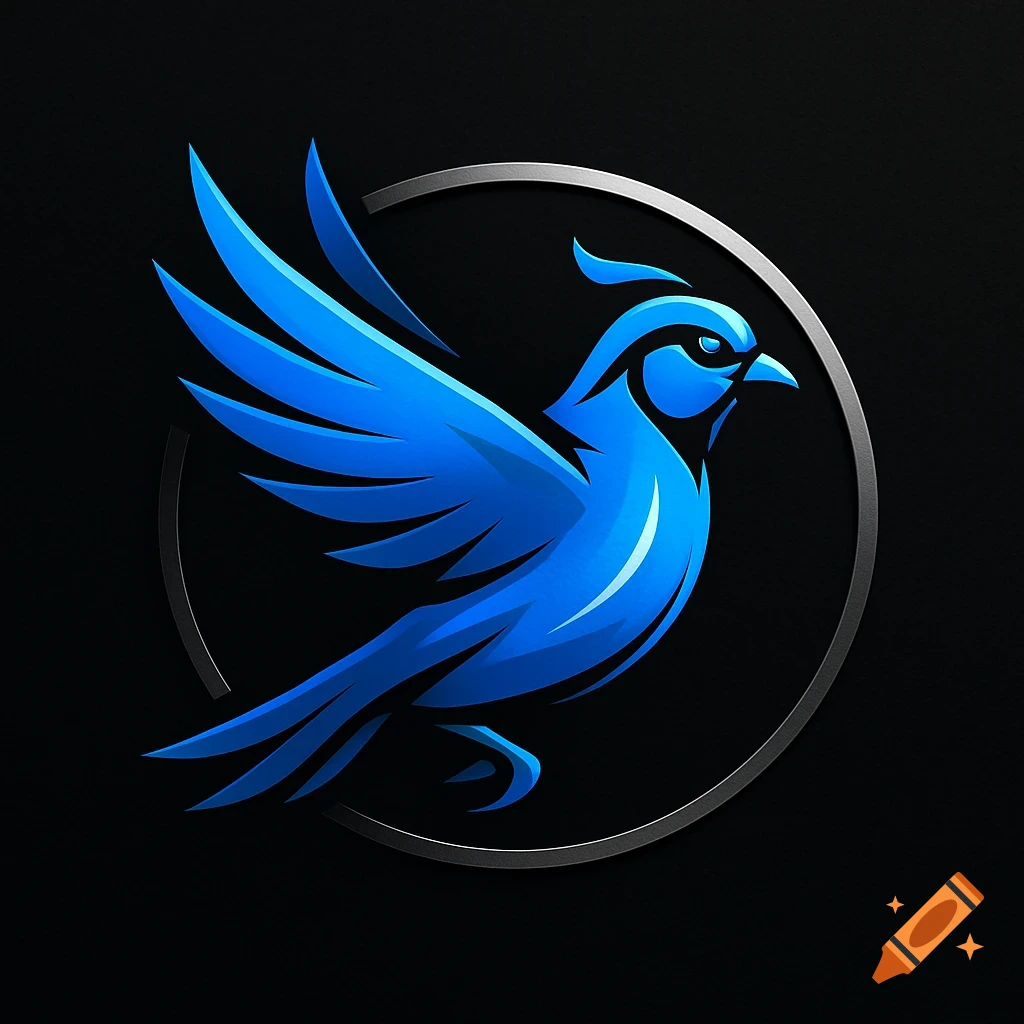 Stylized blue bird logo with outstretched wings, set inside a silver circle against a black background.