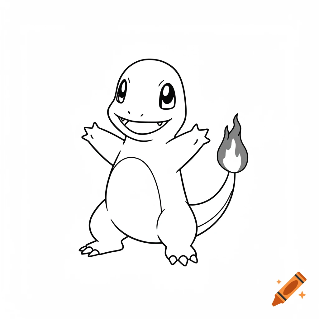 Black and white line art of a smiling Charmander pokemon.