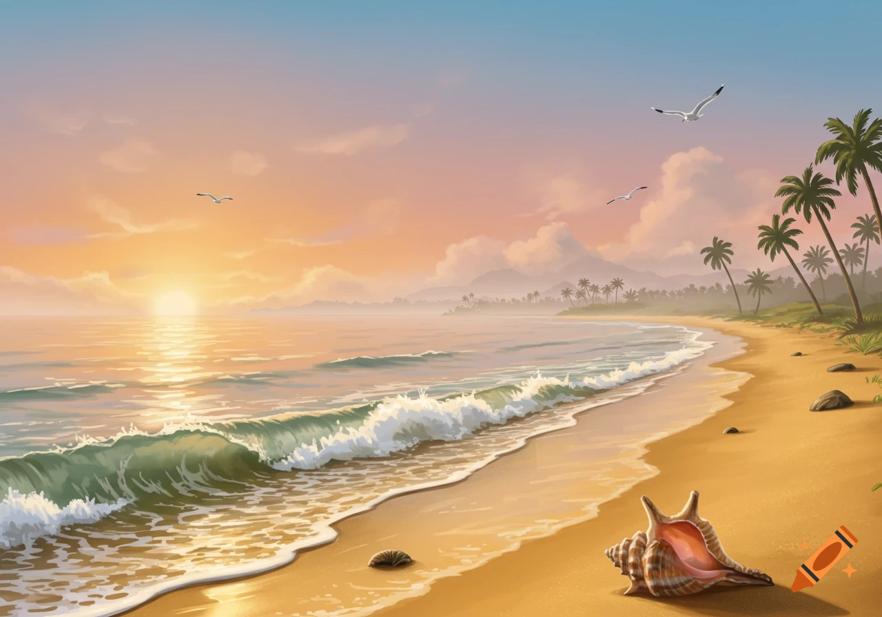 A colorful sunset over a tropical beach with waves, palm trees, and a large seashell on the sand. Seagulls fly overhead.