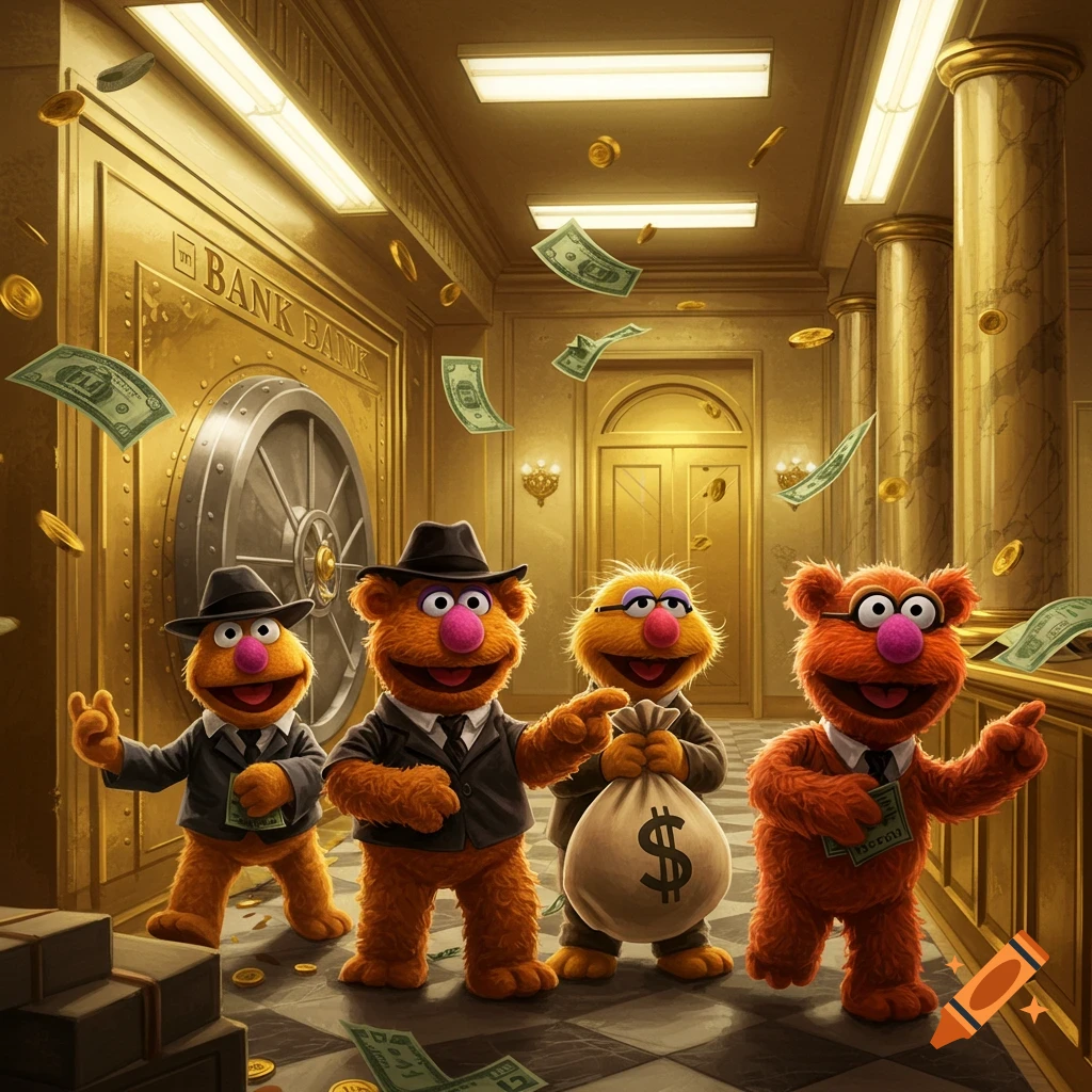 Four Muppet-like characters in suits in a gold bank vault with money flying around, one holding a money bag.