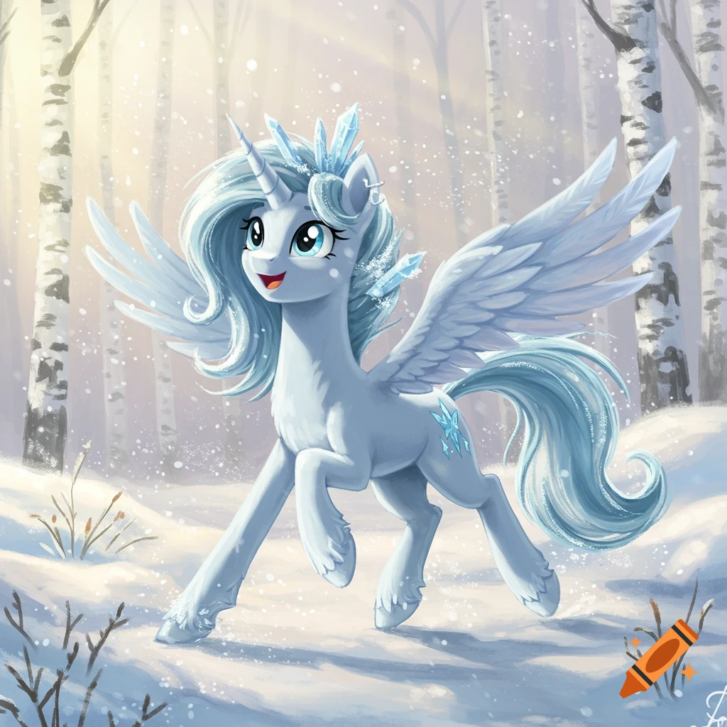 A light blue cartoon unicorn with wings and ice crystals in its mane stands smiling in a snowy birch forest.