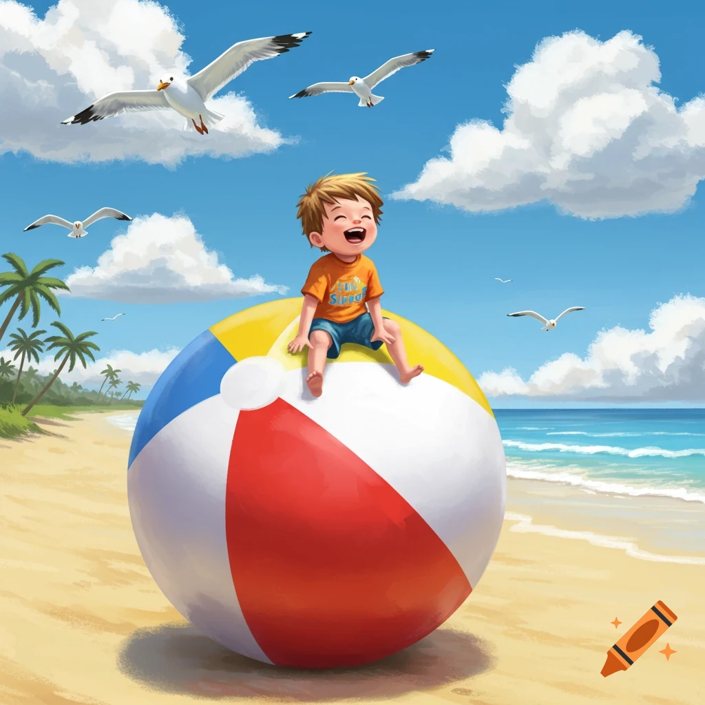 A happy boy sits on a large colorful beach ball at a sunny beach with palm trees and seagulls in the sky.