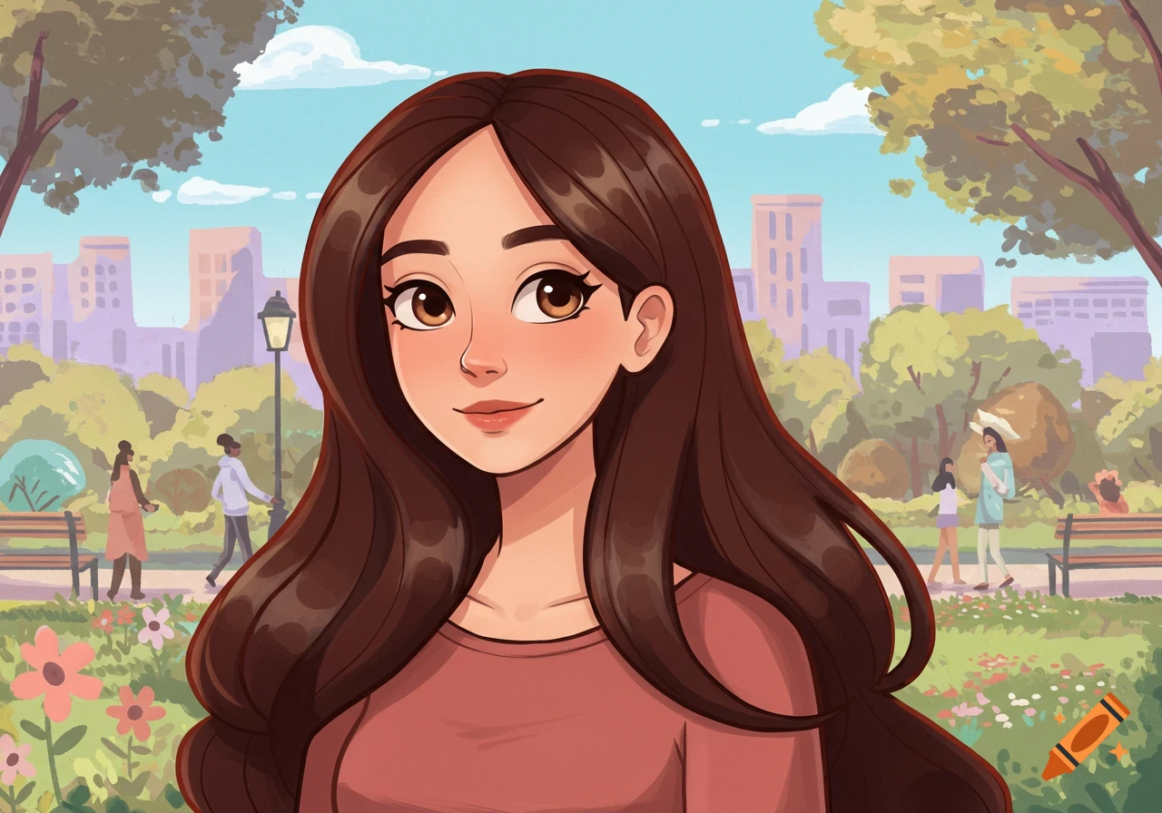 A cartoon portrait of a smiling woman with long brown hair in a park, with trees, flowers, and city buildings in the background.