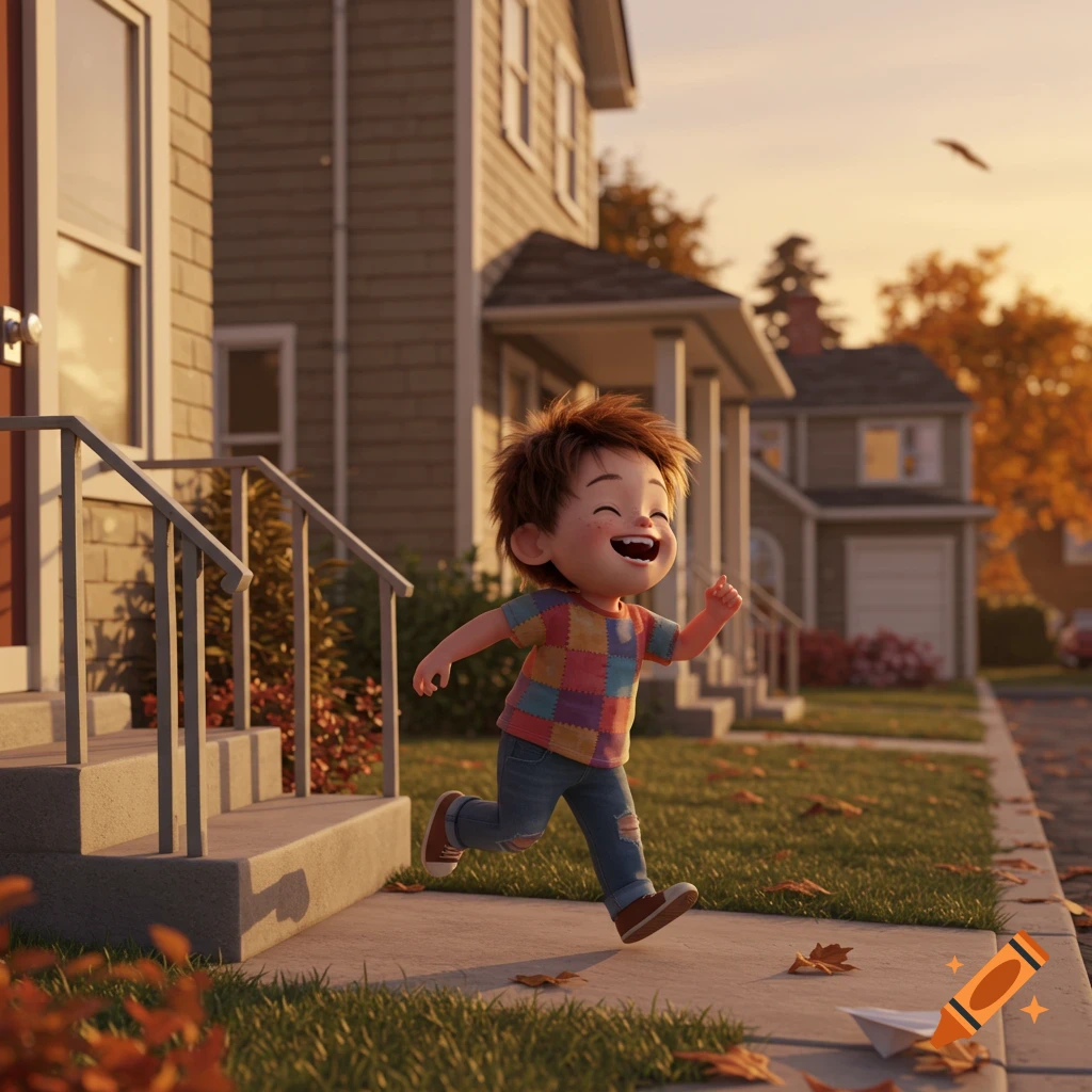 A smiling cartoon boy with a checkered shirt and ripped jeans runs on a sidewalk during autumn, with houses and fall foliage in the background.